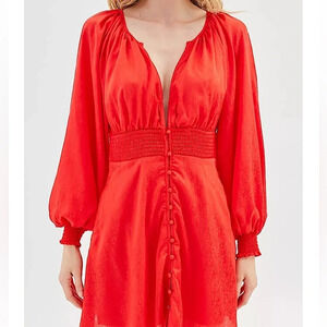 Urban Outfitters Satin Red Rebecca Long Puff Sleeve Mini Dress NEW NWT​​
